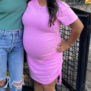 Hot pink T-shirt dress with tie cinch on the side